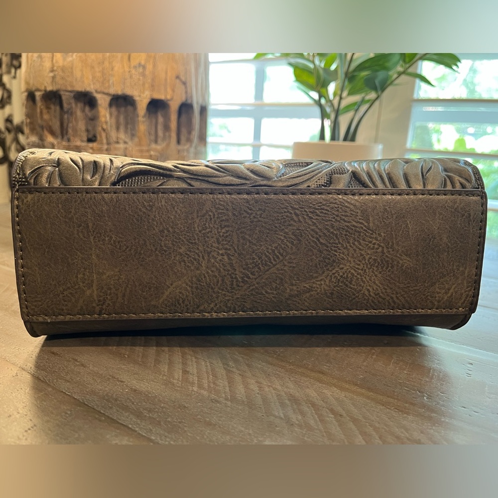 Dark Olive Green Embossed Hand-Tooled Floral Pattern Handbag
w/ Shoulder Strap - Picture 8 of 8